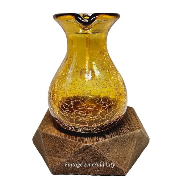 Vtg Handblown Cruet Mini Pitcher 4 In Amber Crackle Art Glass & Wooden Base Set - Picture 6 of 14